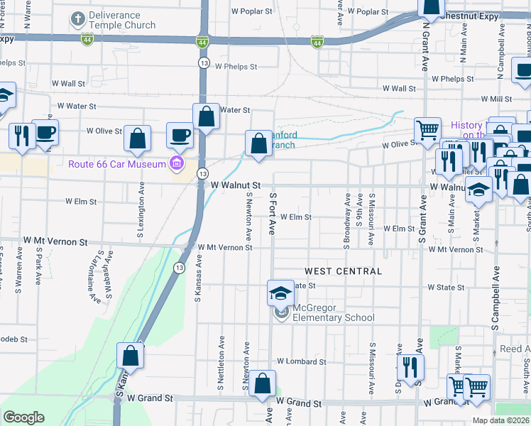 map of restaurants, bars, coffee shops, grocery stores, and more near 1329 West Elm Street in Springfield