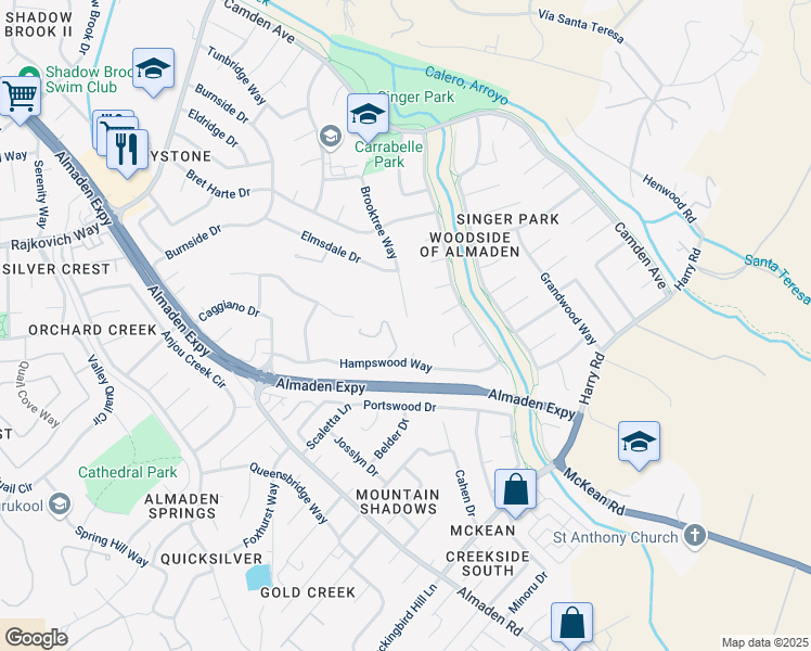map of restaurants, bars, coffee shops, grocery stores, and more near 7199 Brooktree Court in San Jose