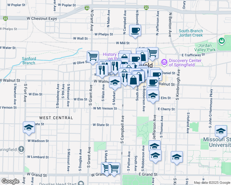 map of restaurants, bars, coffee shops, grocery stores, and more near 440 South Market Avenue in Springfield