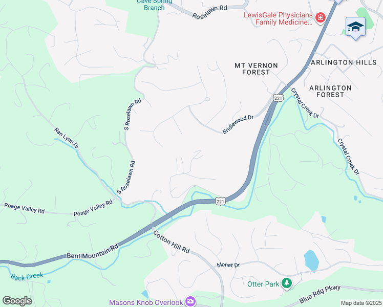 map of restaurants, bars, coffee shops, grocery stores, and more near 6044 Sunnycrest Road in Roanoke