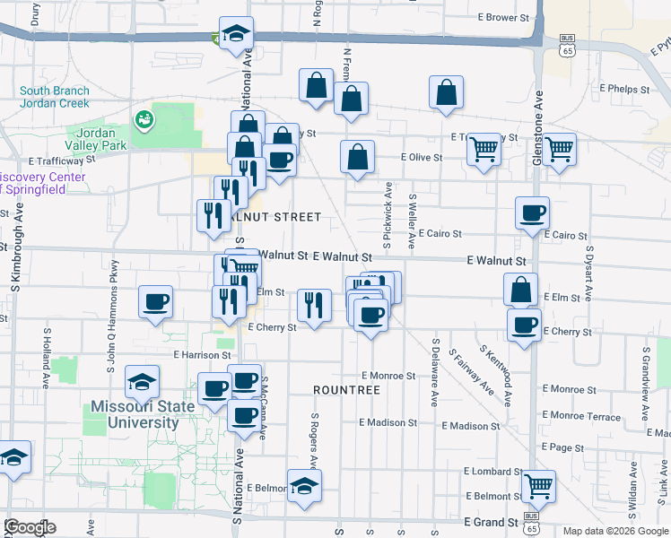 map of restaurants, bars, coffee shops, grocery stores, and more near 413 South Fremont Avenue in Springfield