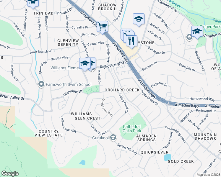 map of restaurants, bars, coffee shops, grocery stores, and more near 1168 Valley Quail Circle in San Jose