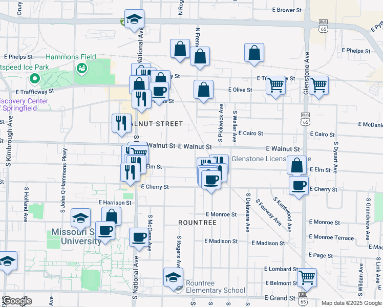 map of restaurants, bars, coffee shops, grocery stores, and more near 413 South Fremont Avenue in Springfield