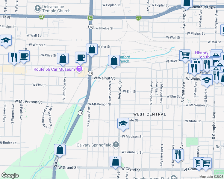 map of restaurants, bars, coffee shops, grocery stores, and more near 1329 West Elm Street in Springfield