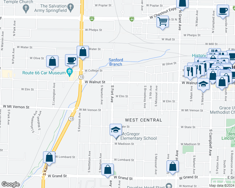 map of restaurants, bars, coffee shops, grocery stores, and more near 1211 West Elm Street in Springfield