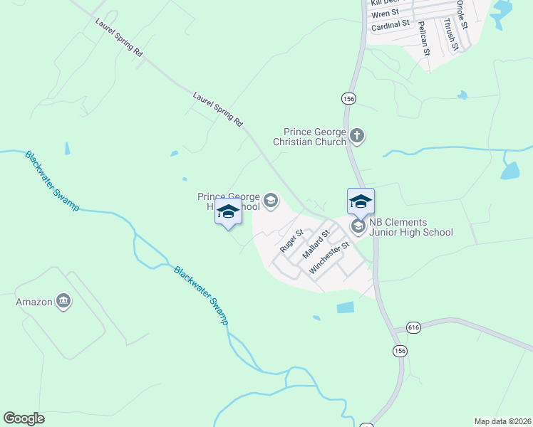 map of restaurants, bars, coffee shops, grocery stores, and more near 7801 Laurel Spring Road in Prince George