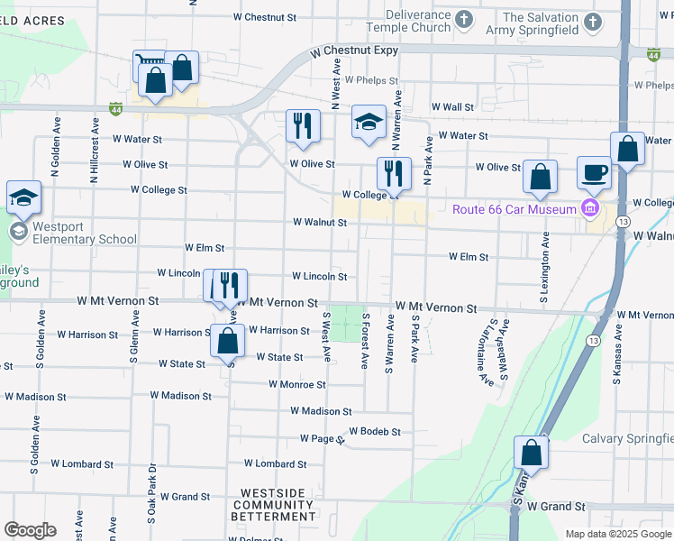 map of restaurants, bars, coffee shops, grocery stores, and more near 2407 West Lincoln Street in Springfield