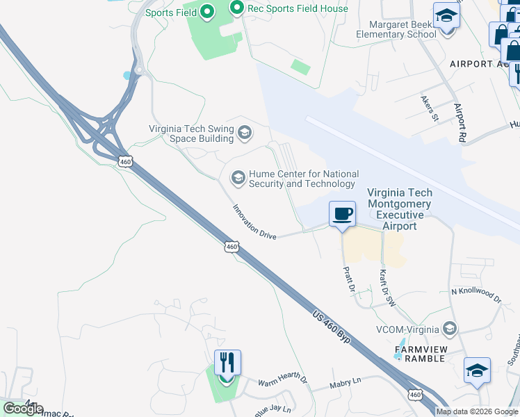 map of restaurants, bars, coffee shops, grocery stores, and more near Innovation Dr in Blacksburg