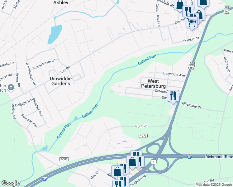map of restaurants, bars, coffee shops, grocery stores, and more near 25407 Surry Avenue in Petersburg
