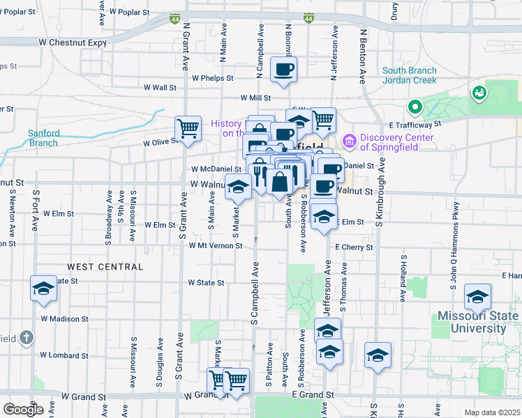 map of restaurants, bars, coffee shops, grocery stores, and more near 440 S Campbell Ave in Springfield