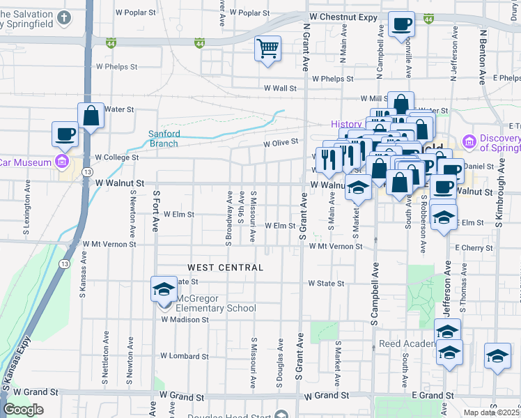 map of restaurants, bars, coffee shops, grocery stores, and more near 828 West Pershing Street in Springfield