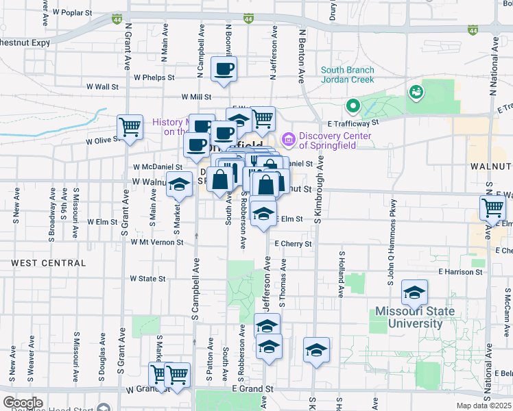 map of restaurants, bars, coffee shops, grocery stores, and more near 124 East Pershing Street in Springfield