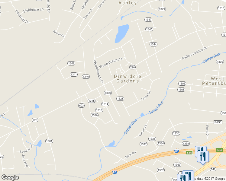 map of restaurants, bars, coffee shops, grocery stores, and more near 4716 Creek Road in Petersburg