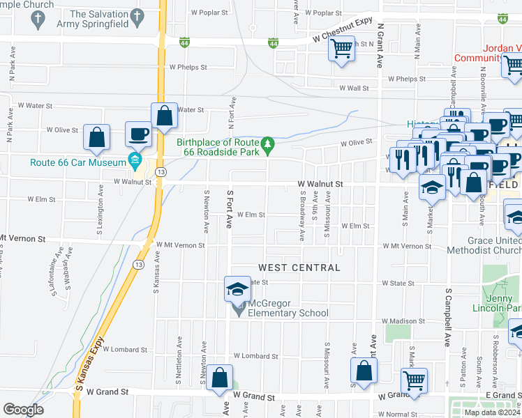 map of restaurants, bars, coffee shops, grocery stores, and more near 441 South New Avenue in Springfield