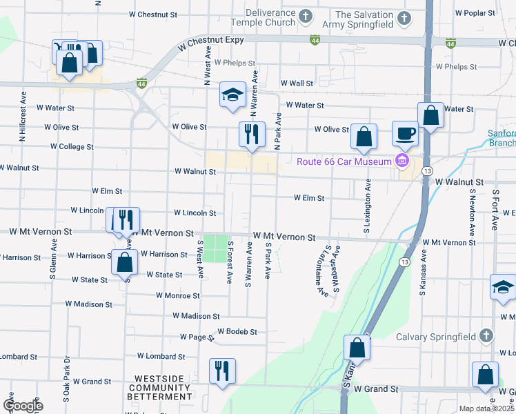 map of restaurants, bars, coffee shops, grocery stores, and more near 516 South Warren Avenue in Springfield