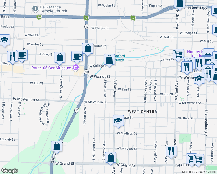 map of restaurants, bars, coffee shops, grocery stores, and more near 1329 West Elm Street in Springfield