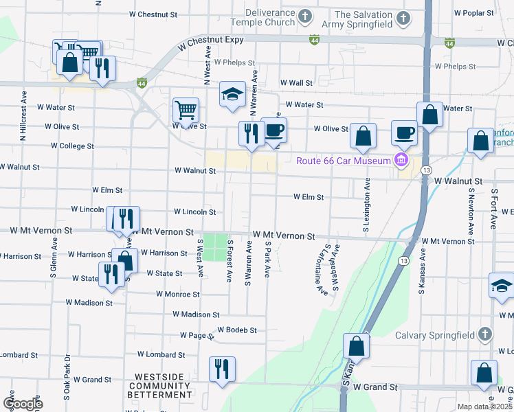 map of restaurants, bars, coffee shops, grocery stores, and more near 516 South Warren Avenue in Springfield