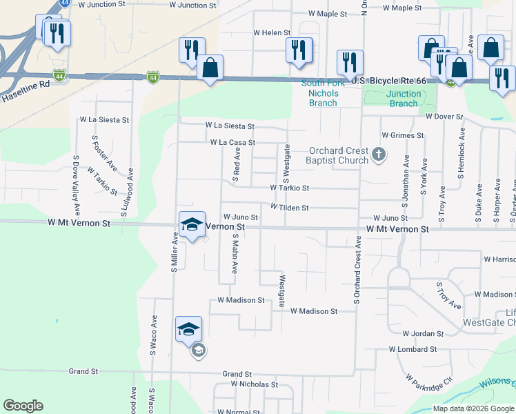 map of restaurants, bars, coffee shops, grocery stores, and more near 4350 West Tilden Street in Springfield