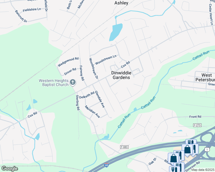 map of restaurants, bars, coffee shops, grocery stores, and more near 4716 Creek Road in Petersburg