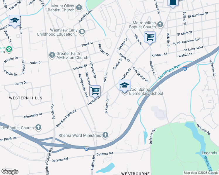 map of restaurants, bars, coffee shops, grocery stores, and more near 1521 Halifax Street in Petersburg