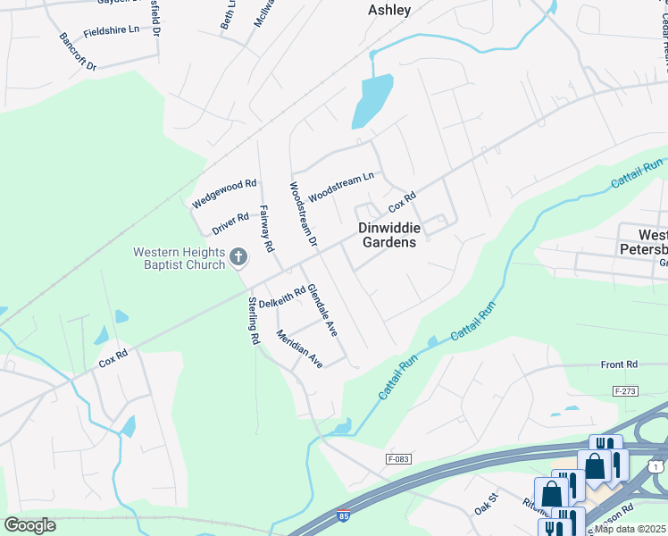 map of restaurants, bars, coffee shops, grocery stores, and more near 4808 Woodstream Drive in Petersburg
