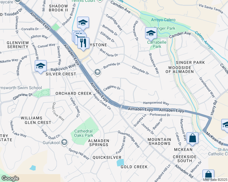 map of restaurants, bars, coffee shops, grocery stores, and more near 1087 Surian Court in San Jose