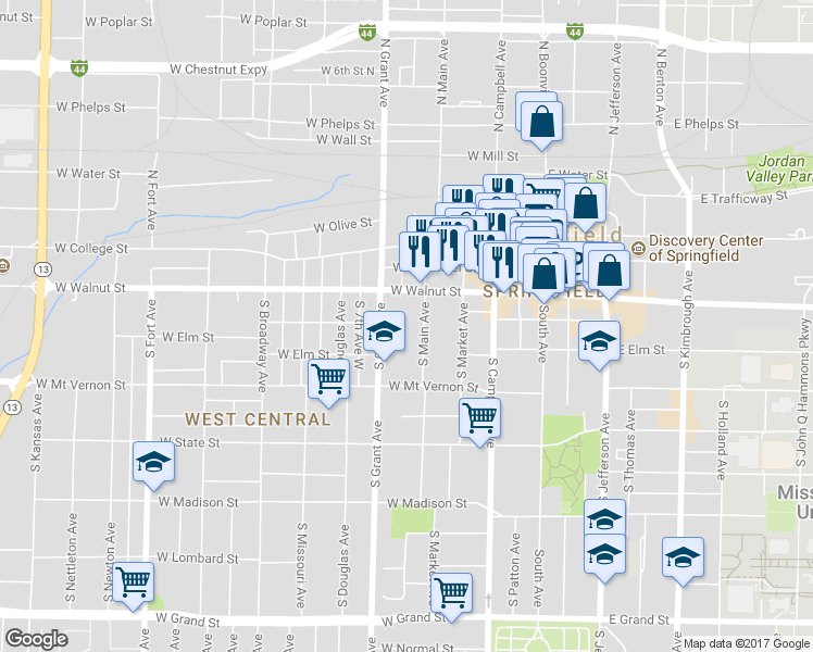 map of restaurants, bars, coffee shops, grocery stores, and more near 446 South Grant Avenue in Springfield