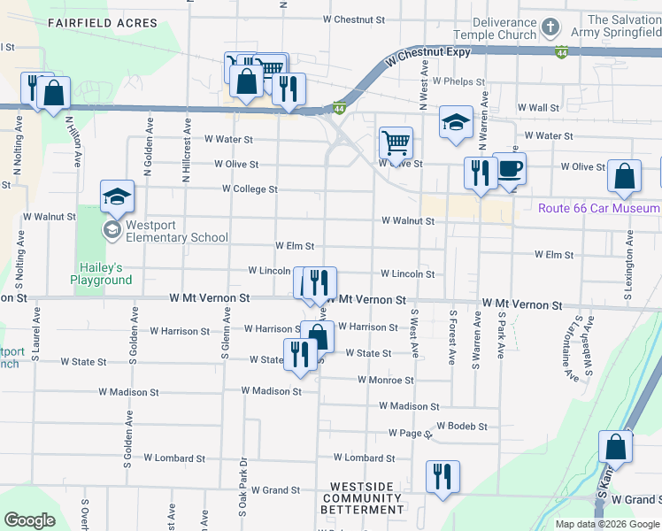 map of restaurants, bars, coffee shops, grocery stores, and more near 2637 West Lincoln Street in Springfield