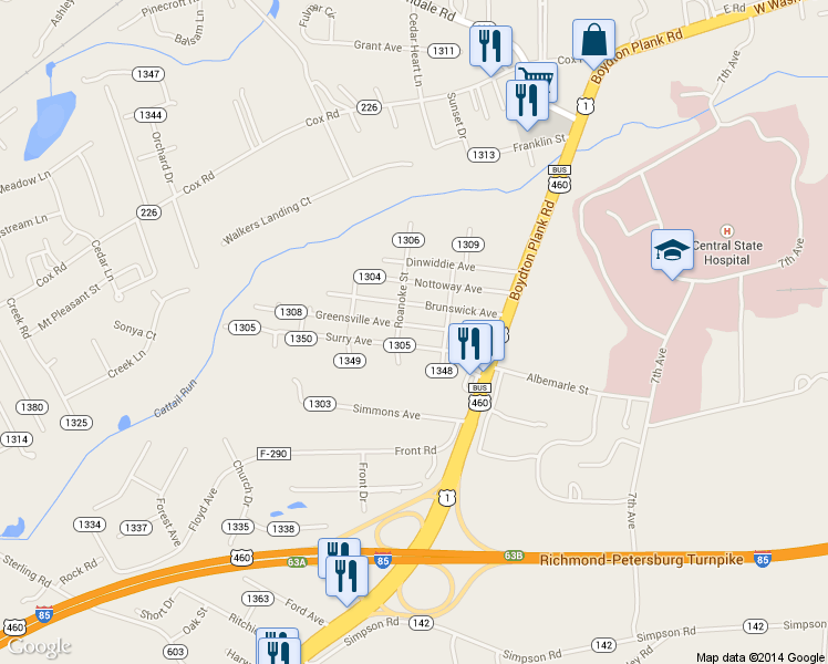 map of restaurants, bars, coffee shops, grocery stores, and more near 25707 Greensville Avenue in Petersburg