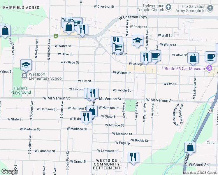 map of restaurants, bars, coffee shops, grocery stores, and more near 2601 West Lincoln Street in Springfield
