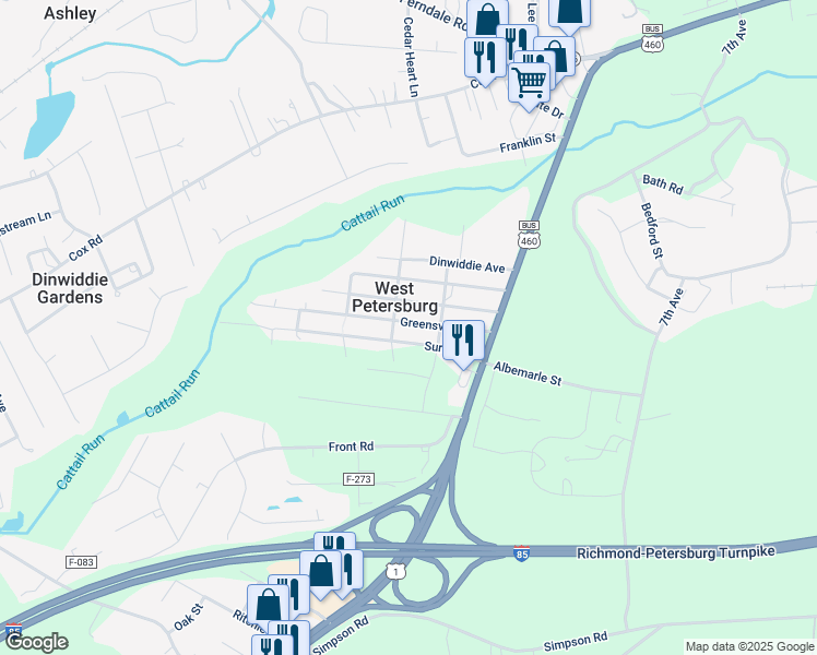map of restaurants, bars, coffee shops, grocery stores, and more near 25707 Greensville Avenue in Petersburg