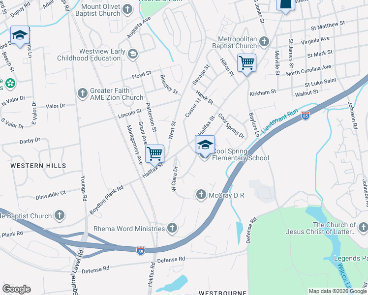 map of restaurants, bars, coffee shops, grocery stores, and more near 1531-1599 Halifax Street in Petersburg