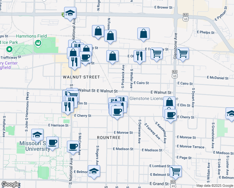map of restaurants, bars, coffee shops, grocery stores, and more near 1430 East Walnut Street in Springfield