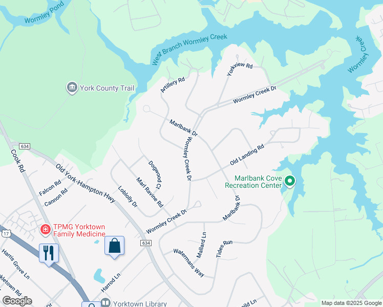 map of restaurants, bars, coffee shops, grocery stores, and more near 411 Wormley Creek Drive in Yorktown