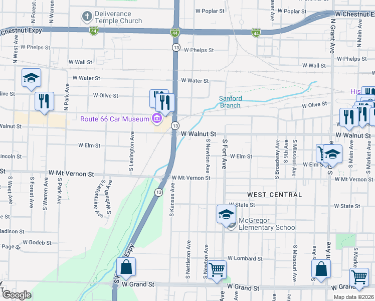 map of restaurants, bars, coffee shops, grocery stores, and more near 443 South Newton Avenue in Springfield