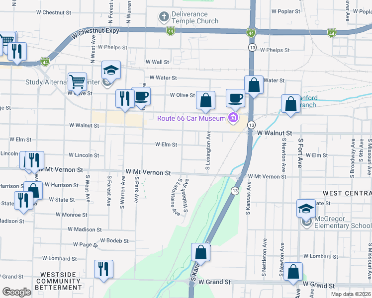 map of restaurants, bars, coffee shops, grocery stores, and more near 1927 West Lincoln Street in Springfield