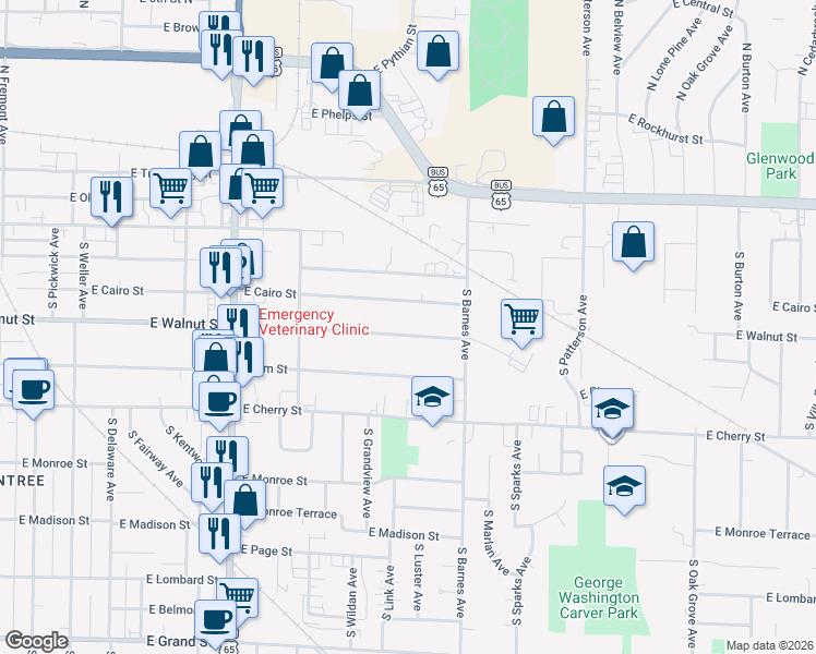 map of restaurants, bars, coffee shops, grocery stores, and more near 2101 East Walnut Street in Springfield