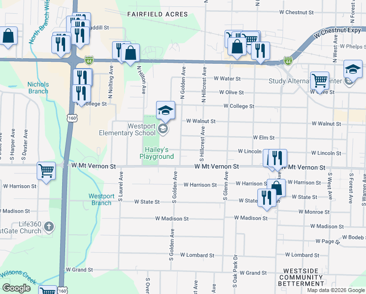 map of restaurants, bars, coffee shops, grocery stores, and more near 3045 West Lincoln Street in Springfield