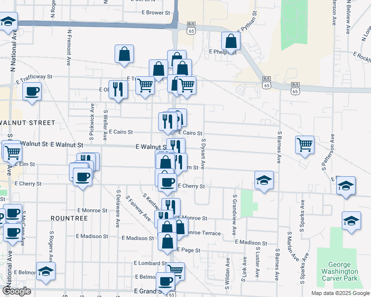 map of restaurants, bars, coffee shops, grocery stores, and more near 1826 East Walnut Street in Springfield
