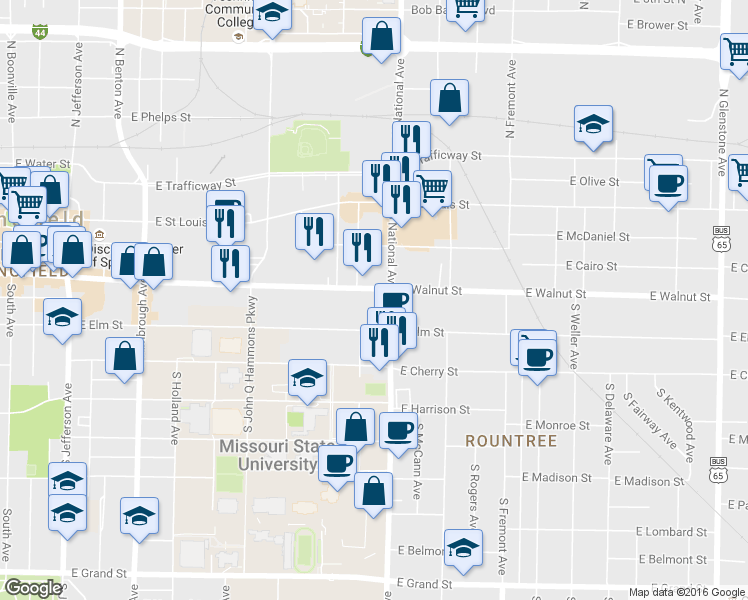 map of restaurants, bars, coffee shops, grocery stores, and more near 1122 East Walnut Street in Springfield