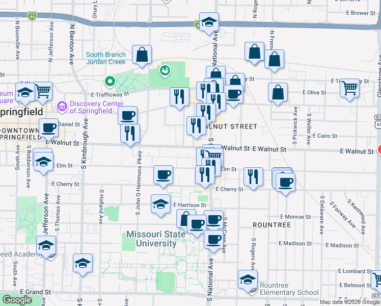 map of restaurants, bars, coffee shops, grocery stores, and more near 1122 East Walnut Street in Springfield