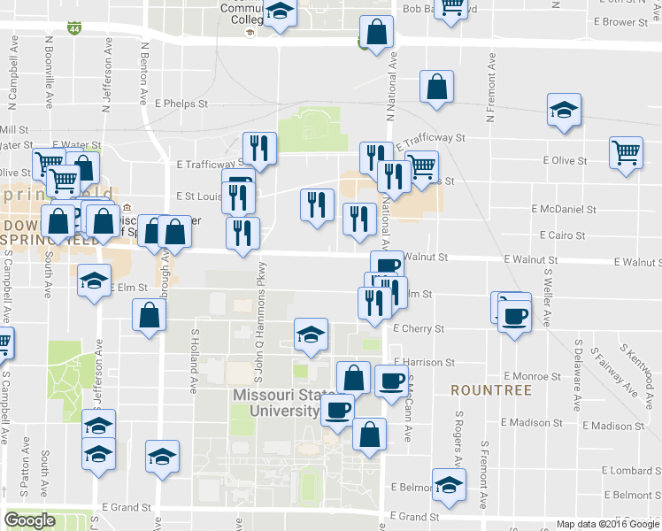 map of restaurants, bars, coffee shops, grocery stores, and more near 1030 East Walnut Street in Springfield