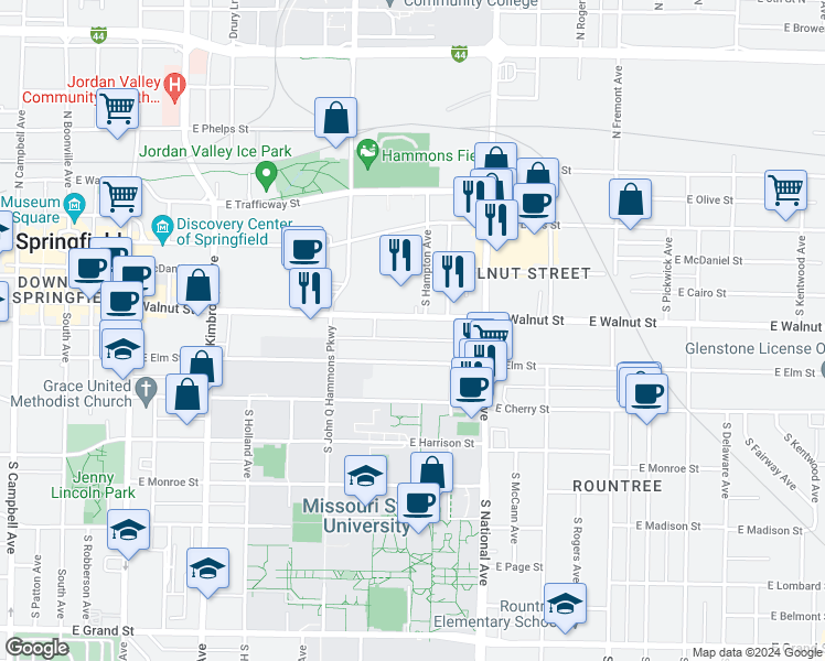 map of restaurants, bars, coffee shops, grocery stores, and more near 1030 East Walnut Street in Springfield