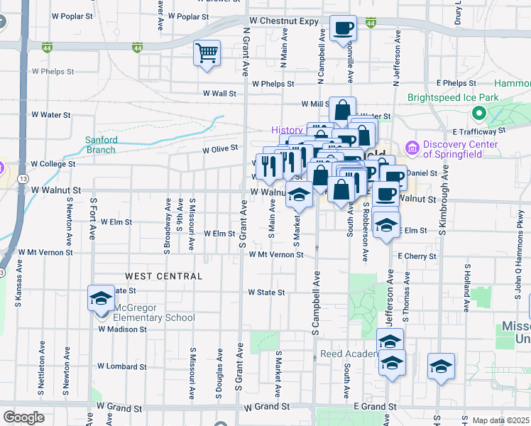 map of restaurants, bars, coffee shops, grocery stores, and more near 436 South Main Avenue in Springfield