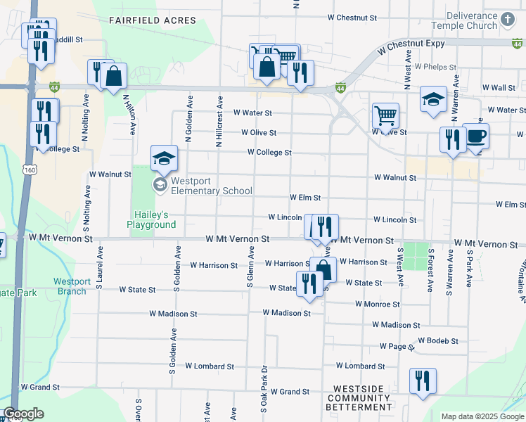 map of restaurants, bars, coffee shops, grocery stores, and more near 2847 West Lincoln Street in Springfield