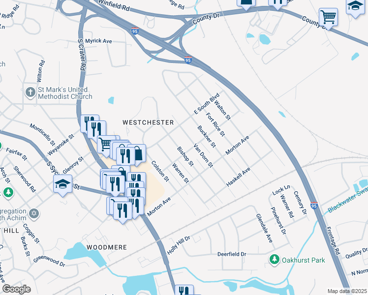 map of restaurants, bars, coffee shops, grocery stores, and more near 2041 Bishop Street in Petersburg