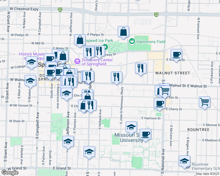 map of restaurants, bars, coffee shops, grocery stores, and more near 736 East Walnut Street in Springfield