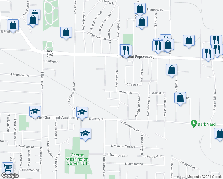 map of restaurants, bars, coffee shops, grocery stores, and more near 2623 East Walnut Street in Springfield