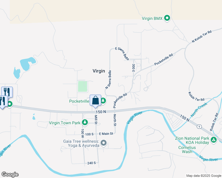 map of restaurants, bars, coffee shops, grocery stores, and more near North Sierra Bella in Virgin