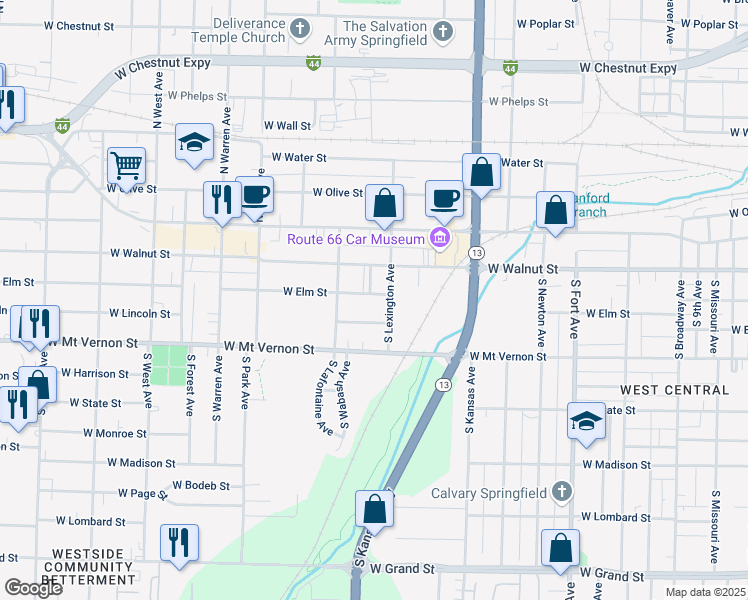 map of restaurants, bars, coffee shops, grocery stores, and more near 1816 West Elm Street in Springfield